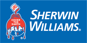 Sherwin Williams logo. A globe with a paint can being dumped on the top, in the paint you can see the text, cover the earth.