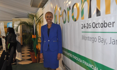 The Minister of State for the Ministry of Finance in front of a banner for an event.