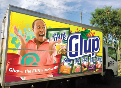 Independence Agencies Ltd. The side of a box truck with a bright ad for Glup.