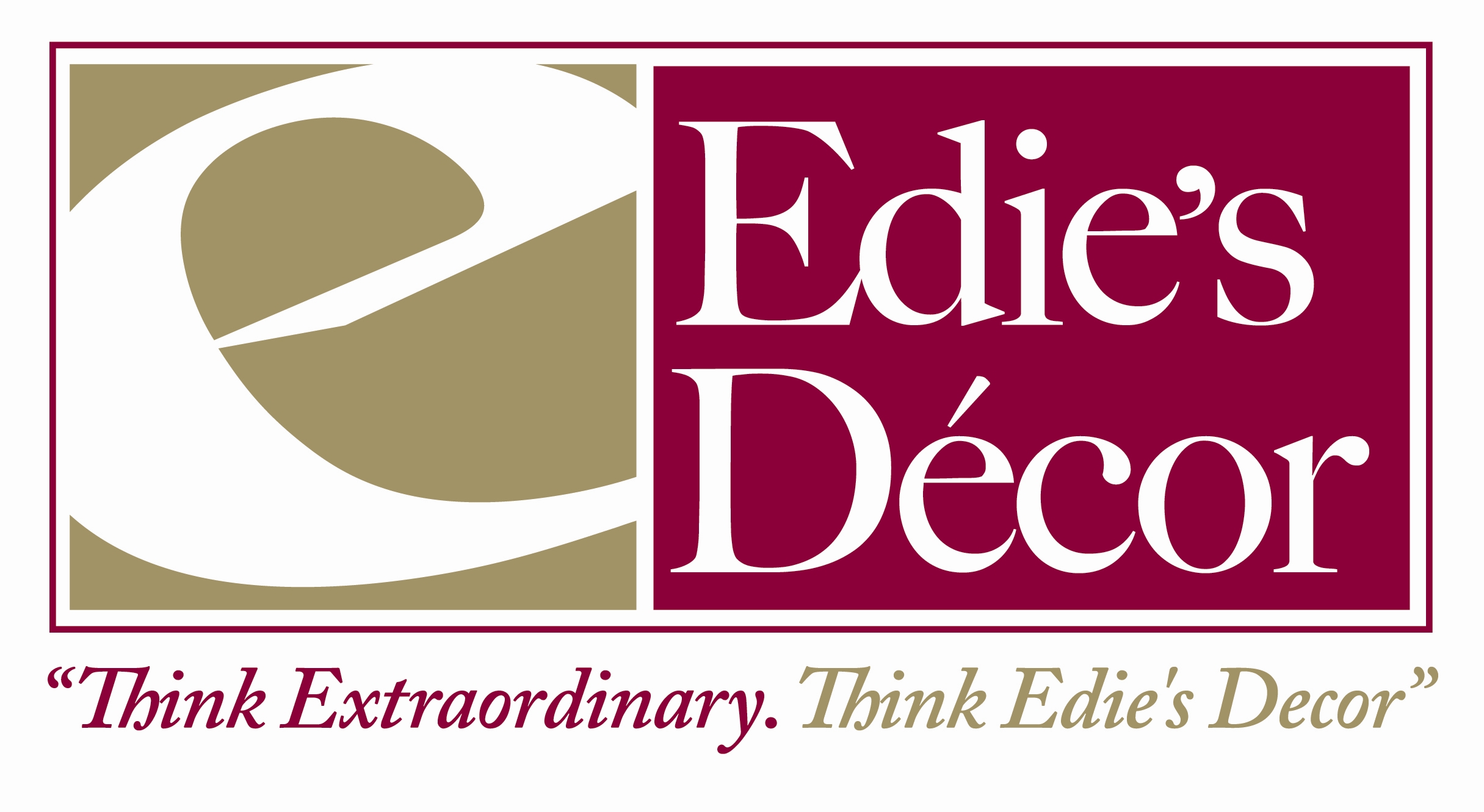 Edies Decor logo, E on the left with their name to the right. Below is their slogan, Think Extraordinary. Think Edie's Decor.