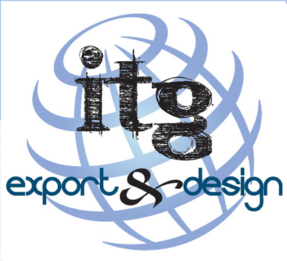 itg export and design logo. A globe showing only the longitude and latitude lines to define it, white showing through. itg in bold lowercase black letters that look hand drawn and filled. export and design below that in smaller styled text.