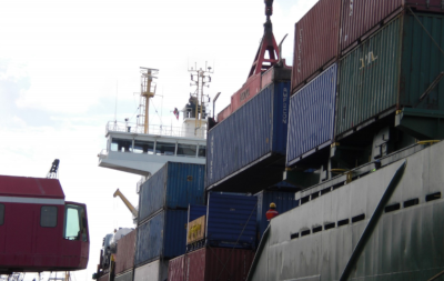 A view from the aft of a container ship.