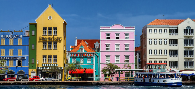 Colorful buildings along the water in the caribbean.