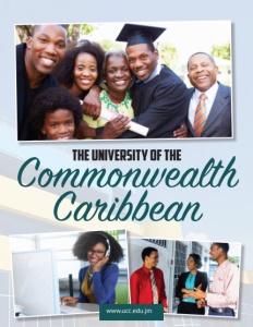 The University of the Commonwealth Caribbean brochure cover showing a mans graduation photo with family.
