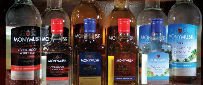 National Rums of Jamaica, a display of different Monymusk alcohols.