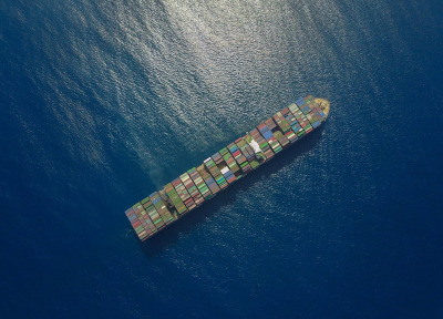 St. Lucia Air and Sea Ports Authority (SLASPA), aerial view of container ship in the ocean.