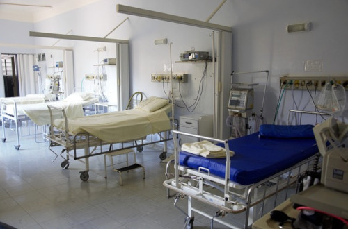 Victoria Hospital St. Lucia. Stock photo of hospital beds with equipment.