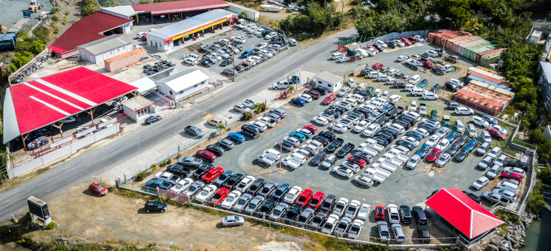 Aerial view of the car lot for International Motors BVI / British Virgin Islands.