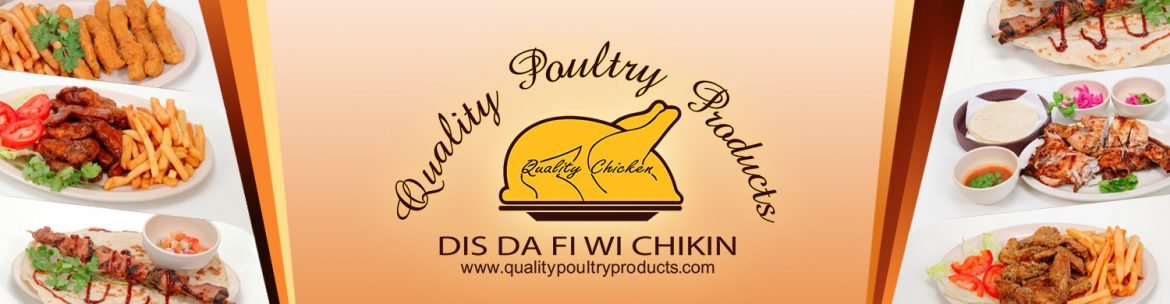 Quality Poultry Products Belize. Website banner with loo and examples of food on the left and right.