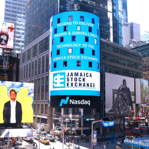 Jamaica Stock Exchange on Nasdaq street sign, Nasdaq supplying services to JSE.