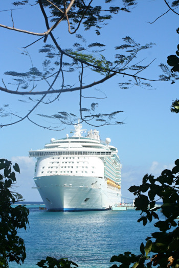 Ministry of Tourism, Jamaica; Cruise ship on the water seen through branches.