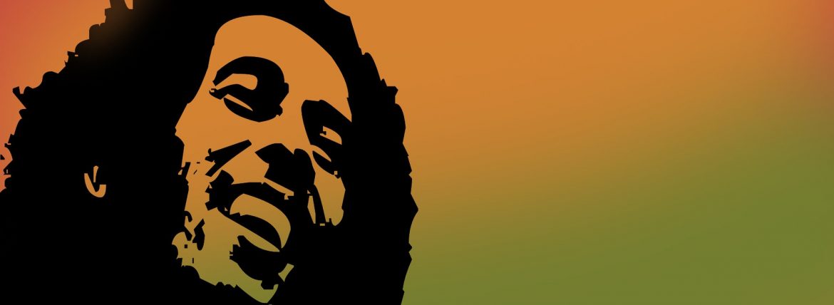Art background showing Bob Marley face outline in black with a colored background.